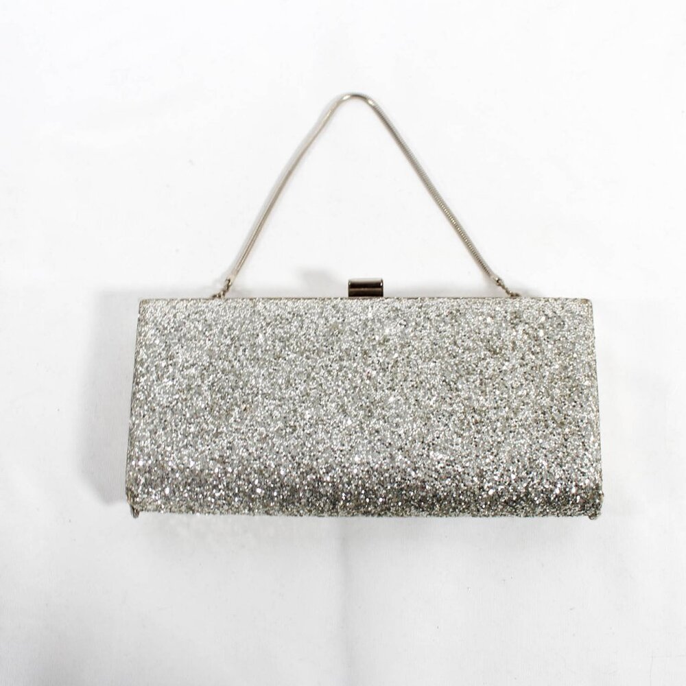 Vintage Late 90s/2000s Silver Glitter Sparkle Clutch Hard Shell Handbag